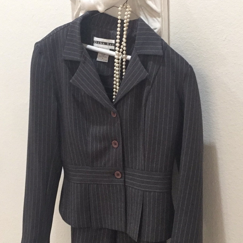 Grey pinstriped pantsuit
